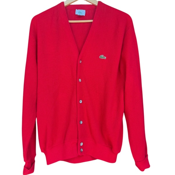 Izod Lacoste 80s Red Knit Cardigan Sweater Sz L - Picture 1 of 8